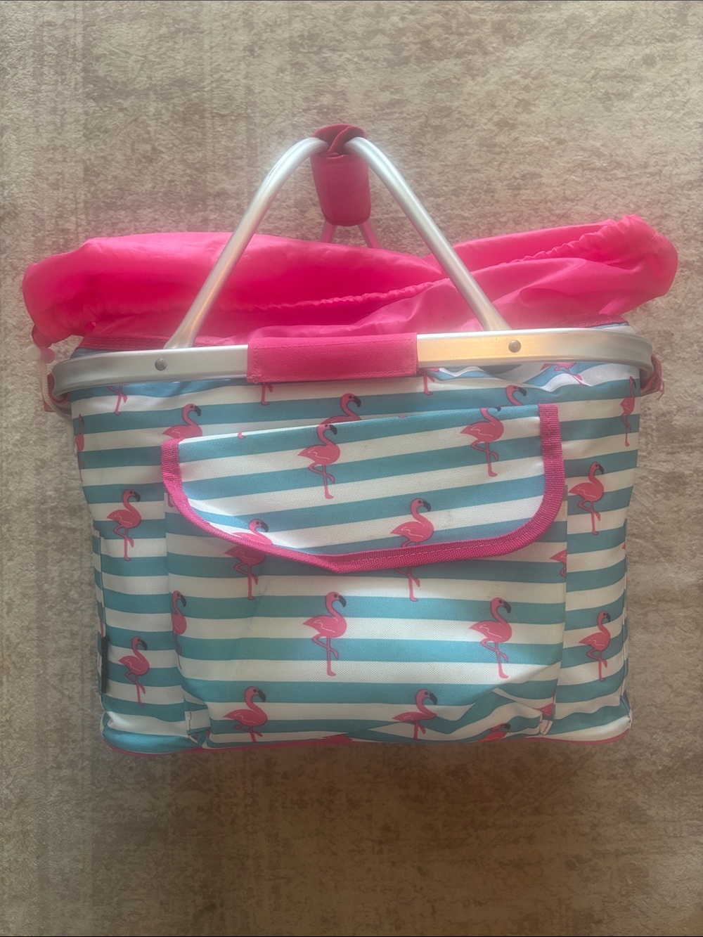 Striped Flamingo thermal insulated Tote Bag in Pink and Teal